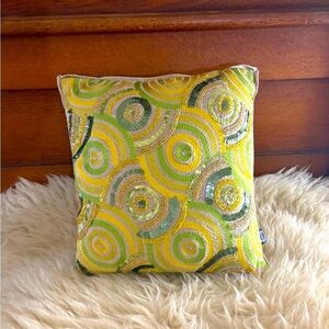Indian Ethnic Sequined and Embroidered Green and Yellow Linen Accent Pillow